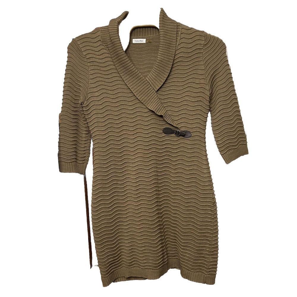 Calvin Klein Sweater Dress Womens XL Brown ‎ Knit Shawl Neck Pullover Textured